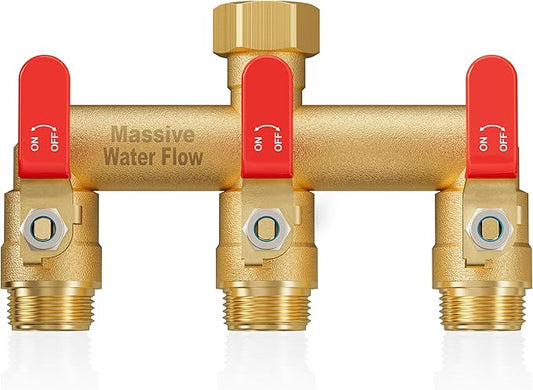 3 Way Hose Splitter, Heavy Duty Full Flow Garden Water Hose Bib Spigot Splitter, Brass Rust and Freeze Resistant Outdoor Faucet Splitter, T Adapter Connector with 3/4 - Inch GHT Thread （Red）