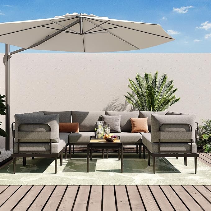 Sundale Outdoor 9 Pieces Patio Furniture Set, U-Shaped Outdoor Sectional Sofa with 6 Inch Olefin Cushion and Coffee Table, Modern Metal Outdoor Conversation Sets (8 Seats, Grey Frame)