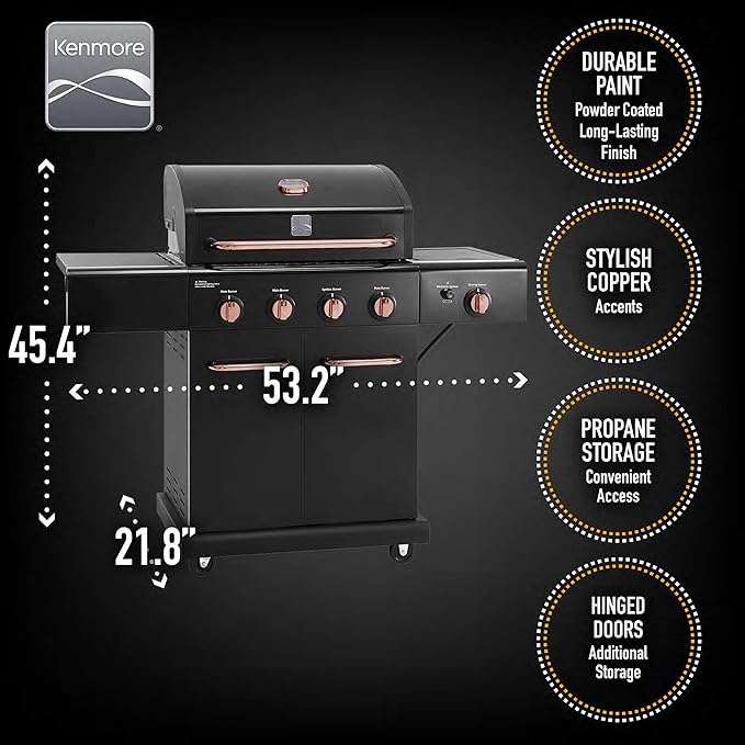 Kenmore 4-Burner BBQ Gas Grill with Searing Side Burner, Propane Grill, 52,000 BTUs, Warming Rack, Electronic Ignition & Cast Iron Cooking Grates, Black/Copper