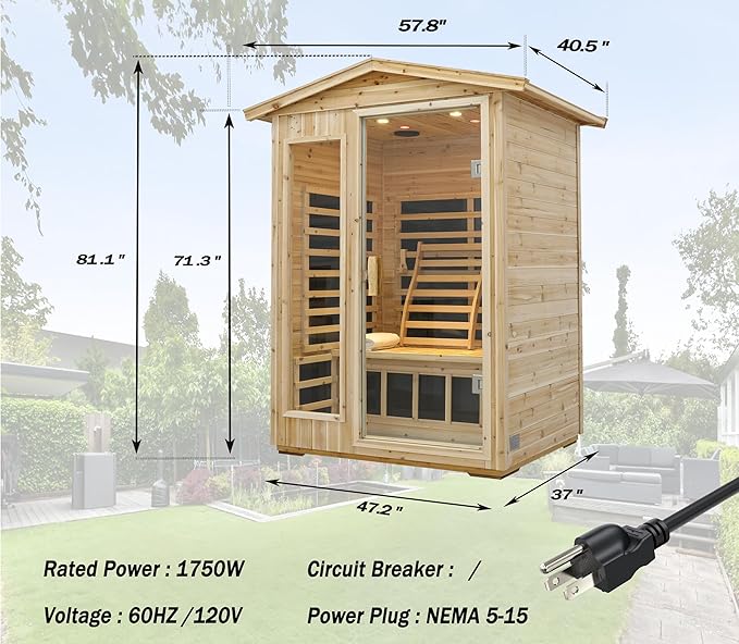 LTCCDSS Low EMF Outdoor Far Infrared Sauna 2-Person, Hemlock Wood Sauna for Home, Withstand Outdoor Temp -5℉-104℉, Bluetooth Speakers, LED Reading Lamps, Chromotherapy Light
