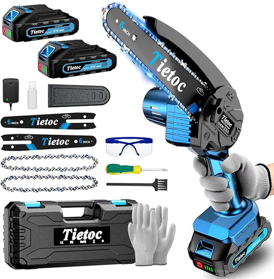 Tietoc Mini Chainsaw, 6 Inch Chain Saw Cordless, 880W Powerful Electric Handheld Chainsaw with Automatic Oiler, with 2 Batteries and 2 Chains, Tree Trimmer Gardening Tools Gift for Men, Father, Dad