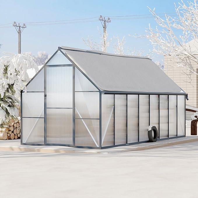 Polycarbonate Greenhouse for Outdoors, Large Walk-InGreenhouse with Quick Setup Structure and Roof Vent, Greenhouse with Ventilation and Rain Gutter