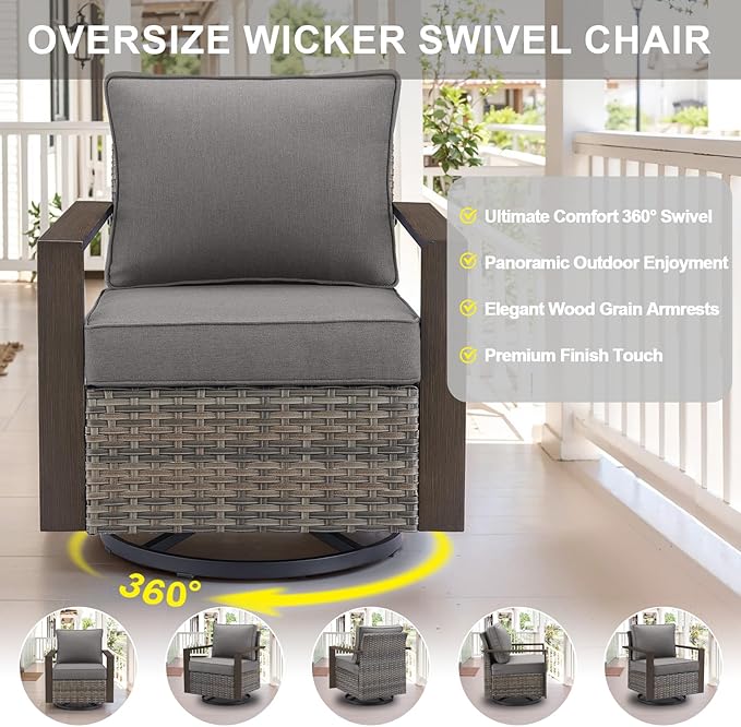 Belord Outdoor Swivel Rocker Chairs Set of 2 with Metal Wide Armrests, 3 Piece Patio Bistro Wicker Chairs with Side Table, Comfort Glider Furniture for Porch, Deck, Sunroom, Backyard