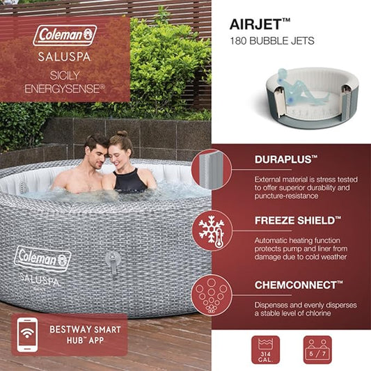 Coleman Sicily AirJet Large Round 5 to 7 Person Inflatable Hot Tub Portable Outdoor Spa with 180 AirJets and EnergySense Cover, Grey