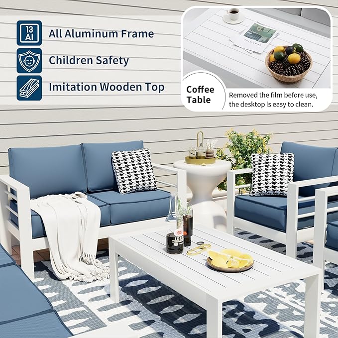 UDPATIO 8 Piece Aluminum Patio Furniture Set, Oversized Modern Outdoor Furniture Set with Olefin Fabric Cushion for Patio Deck Backyard, White/Navy(with Waterproof Covers)