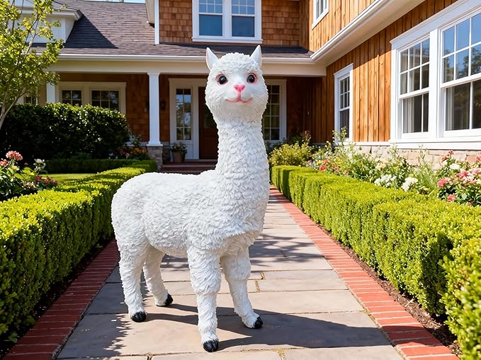 HOUDE Outdoor Alpaca Statues, Courtyard Garden Decoration, Modern Minimalist Style Animal Ornaments, Sun Resistant and Waterproof Balcony Lawn Decoration, Creative Gifts (White)
