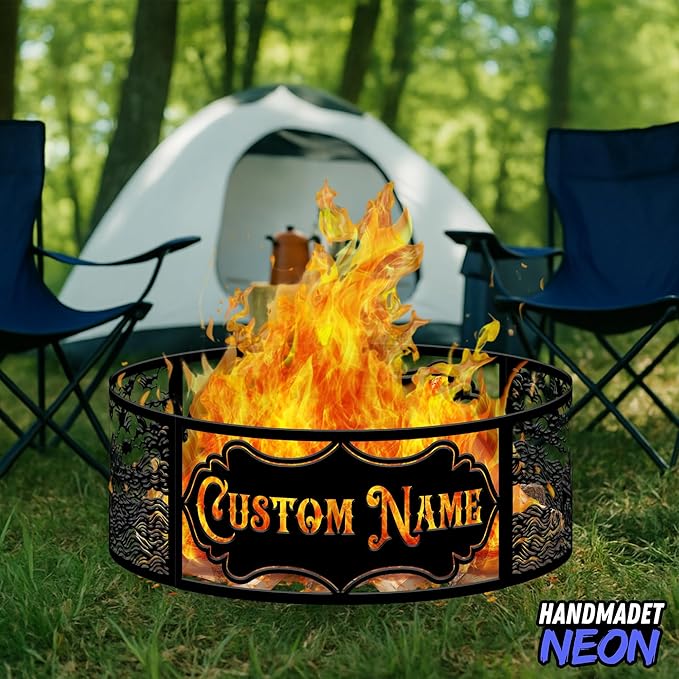 Personalized Fire Pit Ring 360 Degree, Outdoor Fireplace, Custom Text Fire Pits for Outside, Patio Firepit, Camping Bonfire Firepits, Garden BBQ Backyard Decor (Fishing Boat)