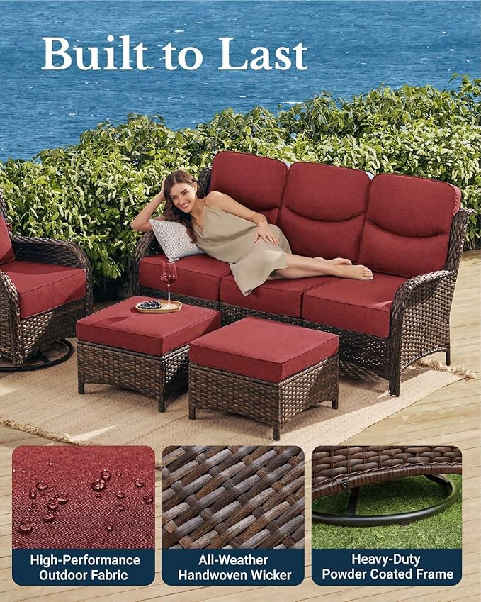 HILLGA Luxury Patio Furniture Set with 6-Inch Thick Cushions, High Back Outdoor Swivel Rocker Chairs and Patio Couch, 11-Piece All Weather Conversation Set for Porch Deck Pool Yard, Burgundy (V3)