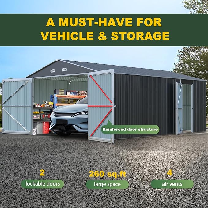 Metal Garage Shed 13x20 FT, Sheds & Outdoor Storage Clearance, Outdoor Storage Shed for Car, Truck, Bike, Lawnmower, Backyard Tool House Building 2 Doors and 4 Vents Dark Gray