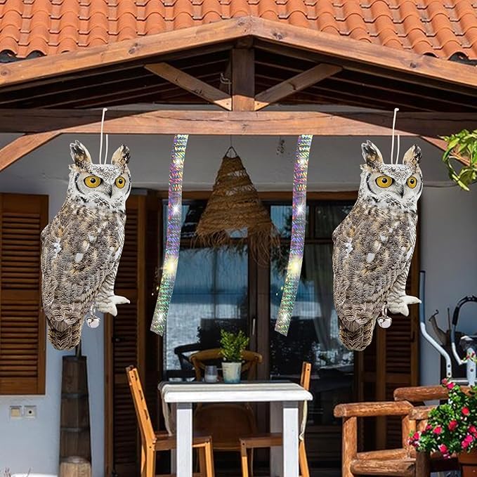 2PCS Reflective Owl Scarer Devices Plastic Owl Hanging Decoration Woodpecker Control Device with Reflective Tape for Garden Patio Pool