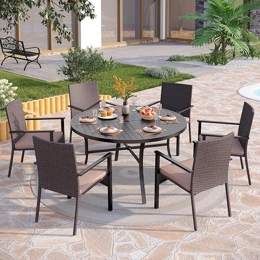 PHI VILLA Outdoor Round Dining Table for 6, 54" Large Metal Wrought Iron Table with Umbrella Hole, All Weather Furniture for Patio, Deck, Yard, Porch - Black