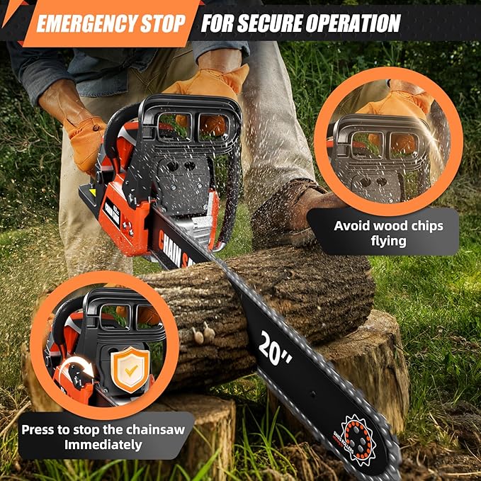 20 Inch Gas Chainsaw, 62CC Professional Chainsaw with 2-Stroke Engine, Ergonomic Non-Slip Handle & Dual Fuel Tanks for Wood Cutting, Tree Trimming, Land Clearing