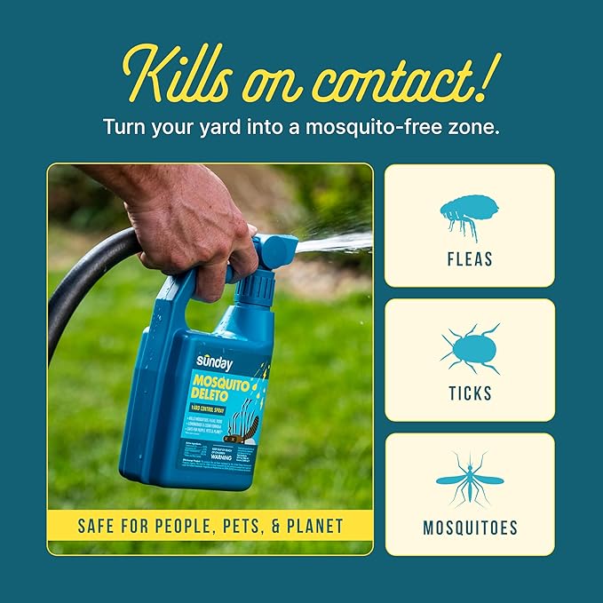 Sunday Mosquito Deleto - Mosquito Repellent & Bug Control Spray - Concentrated Lemongrass & Cedar Oils - for Mosquitoes, Fleas, & Ticks - Lasts up to 4 Weeks - Hose-On Sprayer, 32 Fl Oz