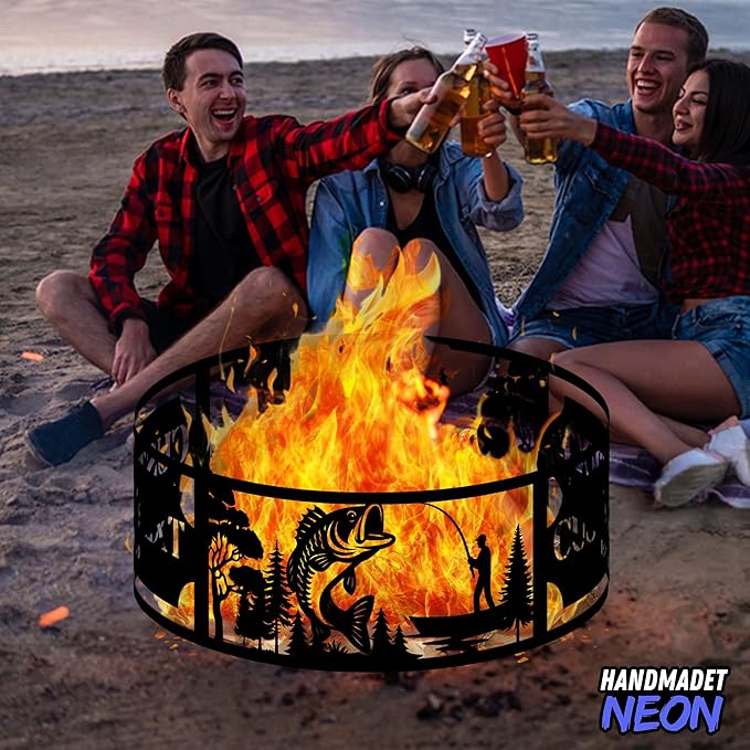 Personalized Fishing Fire Pit Ring 360 Degree, Custom Outdoor Fisherman Round Firepit, Pits Gifts for Wood Burning, Fireplace, Camping Essentials, Bonfire, Raised Garden Bed