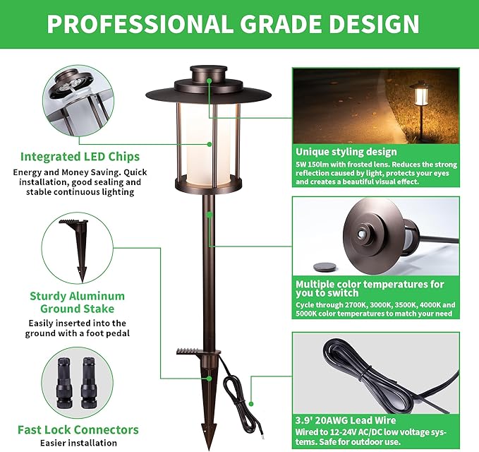 Varmtalys Pathway Landscaping Lighting Low Voltage, 5CCT Adjustable Setting Garden Path Light LED 12V, Outdoor Waterproof Walkway Lights, 5W 150LM ORB All Aluminum for Outside Patio Yard (10 Pack)