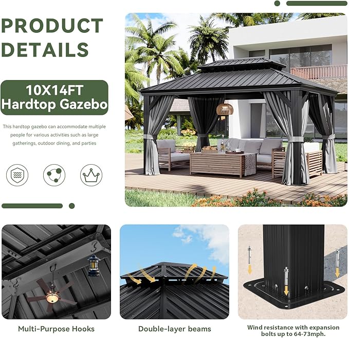 Aoxun 10' X 14' Hardtop Gazebo with Drainage System, Aluminum Outdoor Gazebo with Galvanized Steel Double Roof, Patio Permanent Metal Pavilion with Netting, for Garden, Deck, Grey
