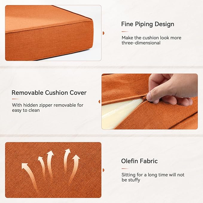 6" Thick Outdoor Cushions 22x24x6, 2-Set Deep Seat Patio Cushions with Removable Cover, Waterproof & Fade Resistant Replacement for Wicker Chair, Loveseat, Sofa - Orange