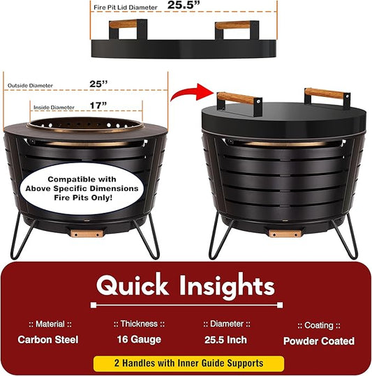 FEBTECH Firepit Lid Compatible with Fire Pit Inside up to 23" - Carbon Steel Tabletop Fire Pit Cover with 2 Heat Resistant Wooden Handles - Fire Pit Accessories for Family Gatherings & Bonfire