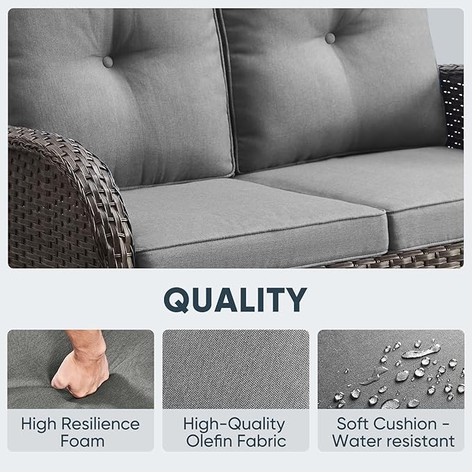 Belord 5 Piece Wicker Patio Furniture Set - Outdoor Conversation Sets with Deep Seating Swivel Rocker Chairs Loveseat and Rattan Coffee Table for Deck Backyard Poolside, Brown Wicker/Gray Cushion
