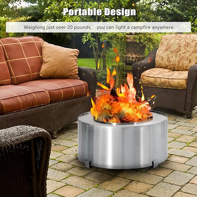 28.5" Smokeless Fire Pit, Stainless Steel Outdoor Firepit, Bonfire Fire Pit, Wood Burning Stove for Patio, Backyard, Camping