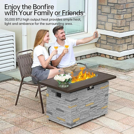 PIZZELLO 43" Propane Fire Pit Table Outdoor Stone Firepit Table Rectangular 50000 BTU Propane Fire Tables for Outside Patio with Wind Guard, Table Lid, Fire Beads, Cover,Pizzello Caldo (Gray)
