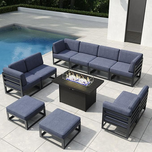 11 Pieces Aluminum Patio Furniture Set with Propane Gas 44" Fire Pit Table, Metal Outdoor Conversation Sofa Set with Seating Cushions