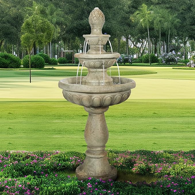 ourrco 42.5" H Traditional Outdoor Water Fountain with Pineapple Finial – Classic Garden Décor with Flowing Cascade and Antique Stone Finish for Patios, Lawns, and Courtyards