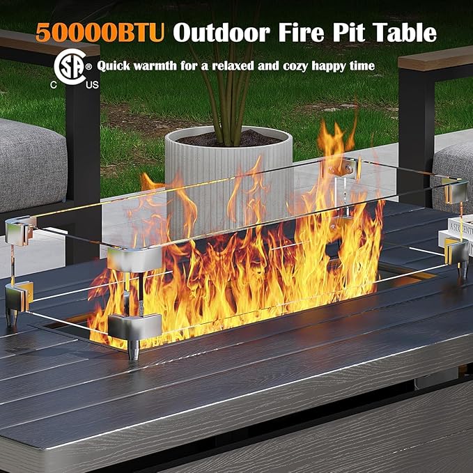 Sundale Outdoor 5 Pieces Patio Furniture Set with Fire Pit Table, Metal Outdoor Sectional Sofa with 6 Inch Olefin Cushion, All-Weather Modern Outdoor Conversation Sets (4 Seats,White Frame)