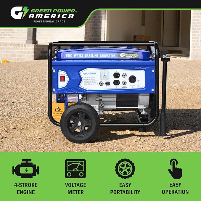 Green-Power America Gasoline Generator GPD5000W, Green/Black