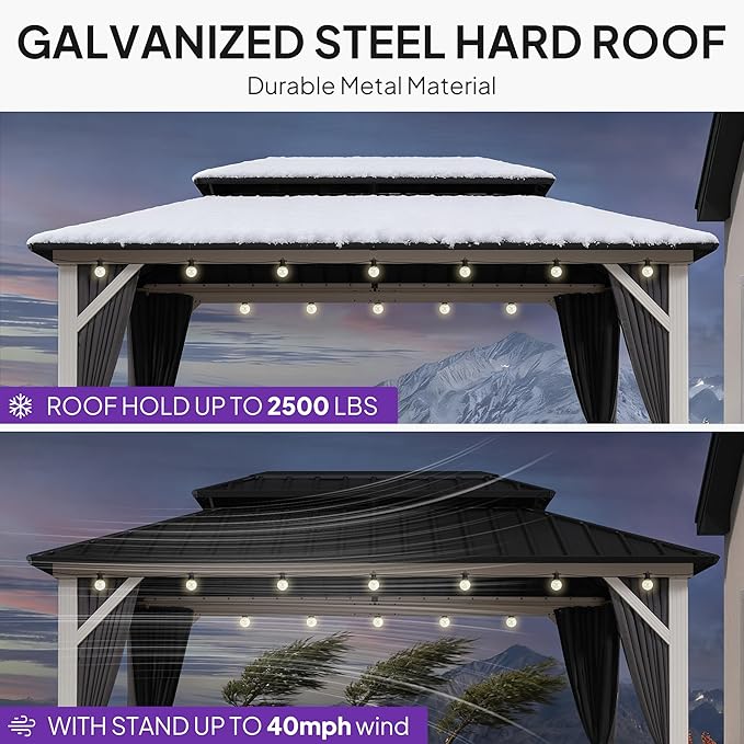 PURPLE LEAF 8' X 12' Outdoor Gazebo Galvanized Steel Double Roof White Aluminum Frame Hardtop Heavy Duty Gazebo with Curtain and Netting for Patio Garden and Backyard, Grey