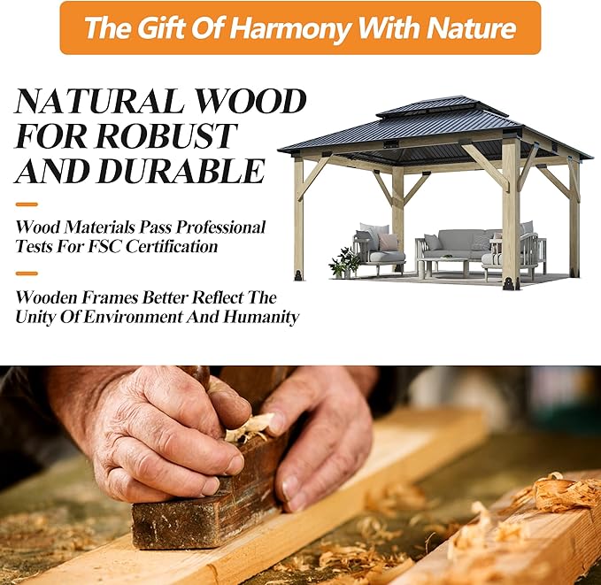 GARTOO 11’x13’ Outdoor Wooden Gazebo - Patio Galvanized Steel Gazebo with Double Vented Roof, Heavy-Duty Wooden Gazebos for Garden, Lawn, Poolside, Backyard Deck