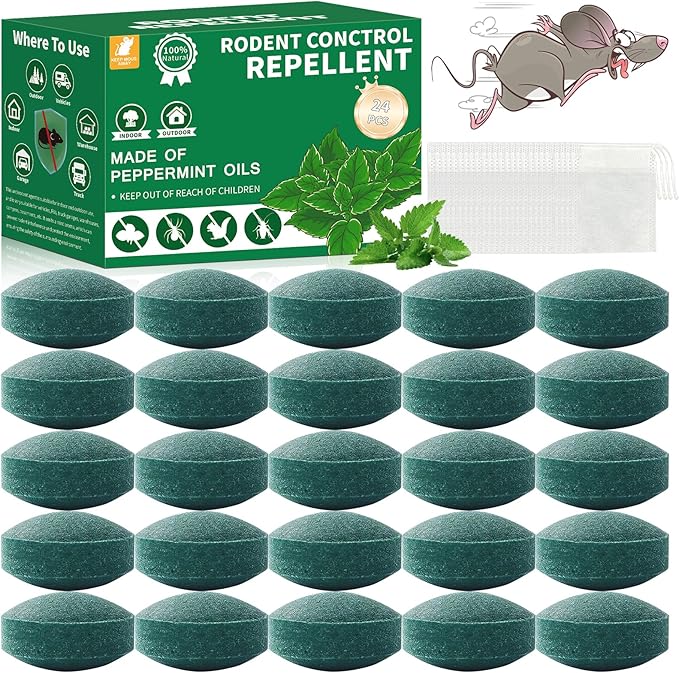 Mouse & Rat Repellent Pouches Peppermint Oil Mice Repellent - Rodent Deterrent Bags for Indoor/Outdoor Use, Home Garage Car RV Boat Cabin Protection (24 Pack)