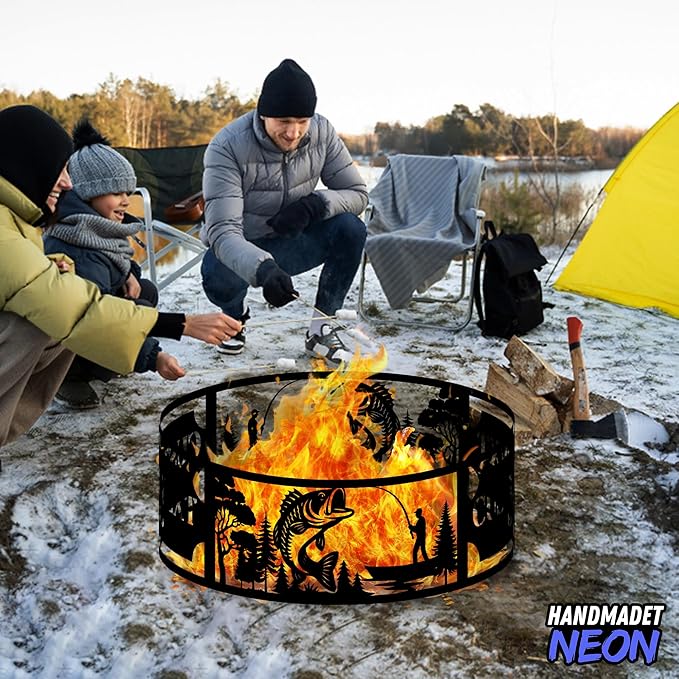 Personalized Fishing Fire Pit Ring 360 Degree, Custom Outdoor Fisherman Round Firepit, Pits Gifts for Wood Burning, Fireplace, Camping Essentials, Bonfire, Raised Garden Bed