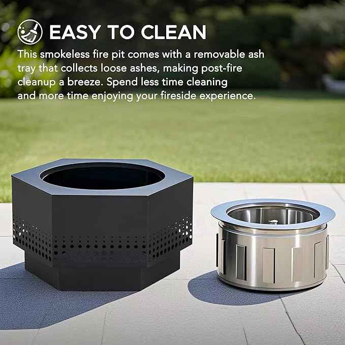 Sunjoy 28 in Smokeless Fire Pit with Removable Ash Pan, Outdoor Portable Wood Burning Fireplace with PVC Cover and Fire Poker,Ideal for Camping, Bonfire, and Backyard, Black