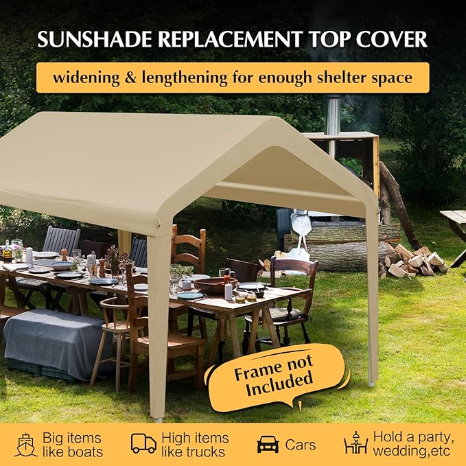 12x20 Canopy Replacement Cover, Carport Replacement Canopy Top Cover for 12' x 20' Frame, 800D Heavy Duty Waterproof & UV Protected Car Canopy with Ball Bungees (Frame is not Included) (Beige)