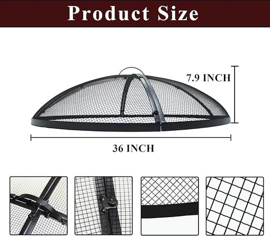 Heavy-Duty Metal 36 INCH Round Fire Pit Spark Screen Cover Mesh Screen Guard with Ring Handle for Outdoor Patio Backyard, Black