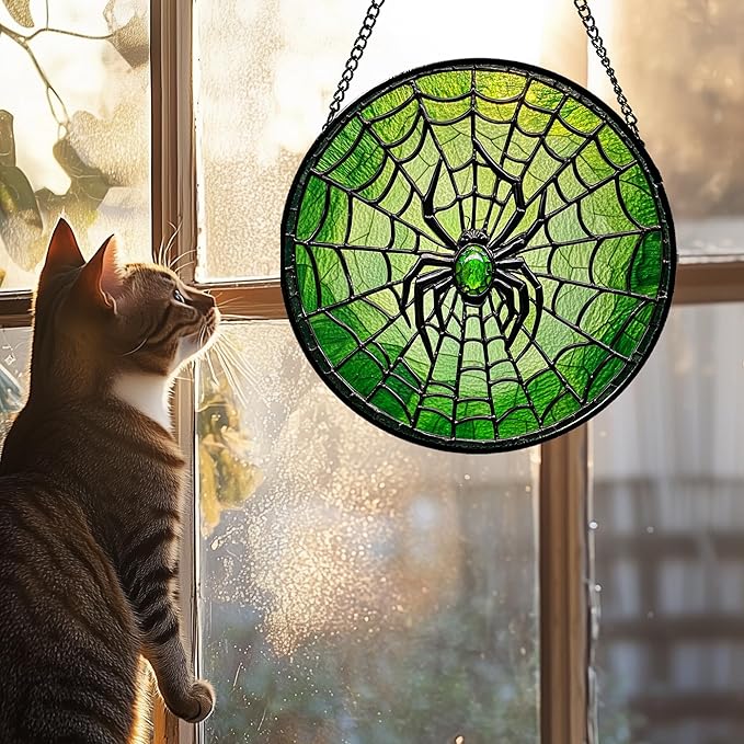 CRISGIF Glass Window Hanging - Black Green Horror Spider Web Suncatcher for Doors Garden Patio Sun Catchers Decor Christmas Halloween Birthday Gifts for Women Men Mom Nana Friend 15 in