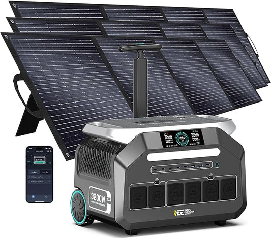 IEE P3200 Portable Power Station 3200W with 3x200W Solar Panel, 2048Wh Solar Generator, 1800W AC Charging, AC Outlets x 4, LiFePO4 Battery Power Station for Home Backup, Camping, RV, Emergency