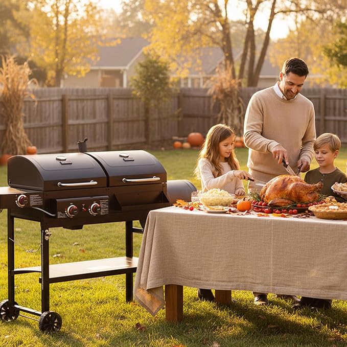 2-Burner Gas and Charcoal Combo Grill with Offset Smoker & Side Burner, 34,000 BTU Dual Fuel Grill, 1020 Sq. In. Cooking Area, Ideal for Outdoor Cooking, Black, ZH3005Y-SC