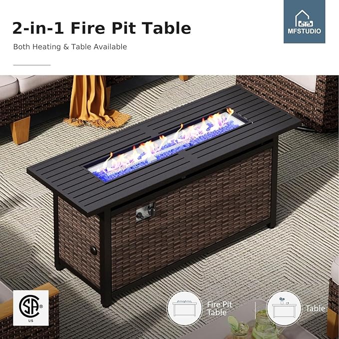 MFSTUDIO 11 Pieces Wicker Patio Furniture Set with 56" Fire Pit Table, All-Weather Outdoor Conversation Half-Moon Sectional Sofa Set, 4 x Curved Sofa, 4 x Armless Couch, 2 x Ottoman(Beige Cushion)