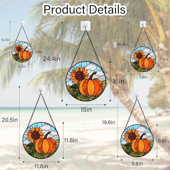 DASTOLL Stained Glass Window Hanging Fall Farm Scenery Sunflower Pumpkin Large 11.8" - Suncatcher Door Garden Kitchen Sunroom Sun Catcher Home Decor Birthday for Mom Grandma Men Woman