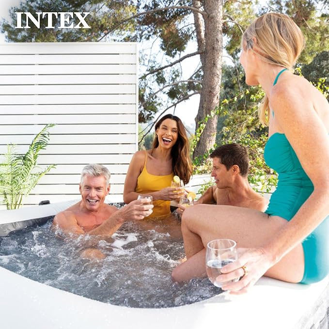 INTEX 28449EH PureSpa Greystone Deluxe Spa Set: Includes Energy Efficient Spa Cover - 140 Bubble Jets - Square Design - 4 Person Capacity - 69" x 28"