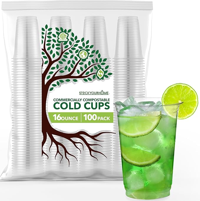 Stock Your Home16 oz Clear Commercially Compostable Cold Cups (100 Pack), Eco Party Cup, Environmentally Friendly Disposable Sustainable for Water, Wine, Beer Sample
