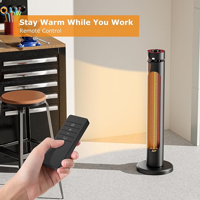 Portable Heater Outdoor Infrared 1500W 8 Heat Levels 8H Timers Carbon Fiber Tube Tip-Over&Overheat Protection IP45 Waterproof Electric Garden Heater, Deep Black