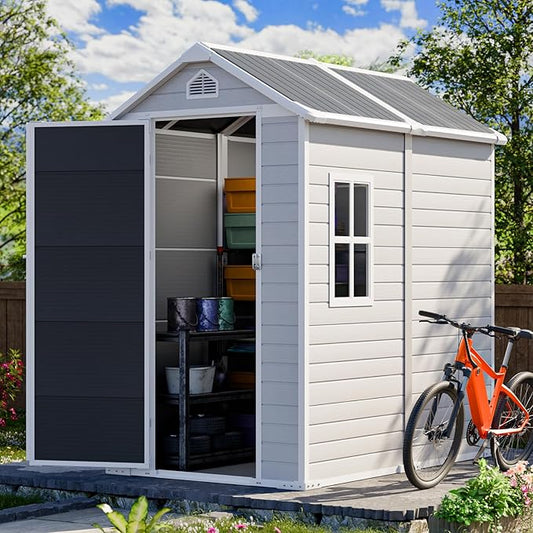 HUSFU 6x4 FT Outdoor Storage Shed with Floor and Lockable Door,Waterproof Resin Tool Shed for Garden, Backyard, Patio,Perfect to Store Patio Furniture,Light Grey