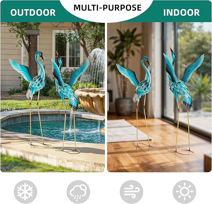 Ultym 47.5" Extra-Large Blue Heron Decor, Handcrafted Metal Crane Garden Statue with Stable U-Ground Stakes, Backyard Decoration, Metal Garden Bird Animal Yard Art, Lawn Ornament
