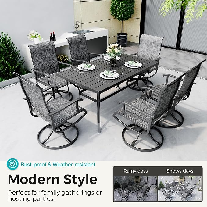 7-Piece Outdoor Dining Set, Patio Furniture Set with Textilene Swivel Chairs, Outdoor Table & 6 Chairs for Garden, Backyard, Poolside, Deck, Charcoal