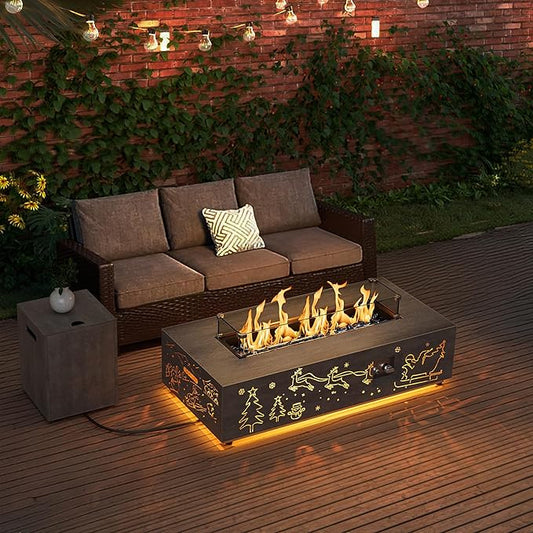 Dineli Propane Fire Pit Table 42 Inch Gas Fire Pits & Outdoor Fireplaces w LED, Tabletop Fire Pit Firepits for Outside Patio, 50,000 BTU (Gray, Christmas Pattern with Warmlight)