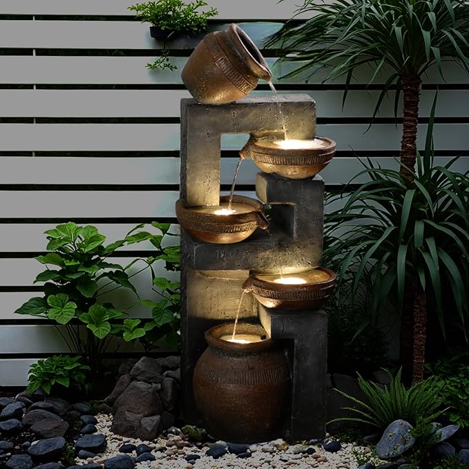 Bumilgar 33.8" H Water Fountain Outdoor with LED Lights & Pump, 5-Tier Cascading Outdoor Fountain for Garden,Patio,Porch,Backyard,Home Art Decor (Brown)