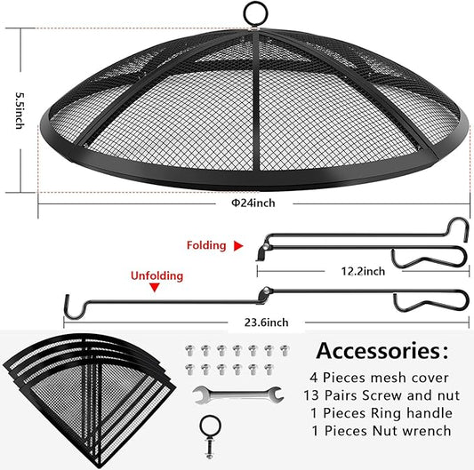 Fire Pit Spark Screen, Fire Pit Screen 24 Inch Round with Handle & Poker, Collapsible Heavy Duty Mesh Fire Pit Cover Fire Pit Lid for Outdoor/Patio/Backyard/RV Camping/Beach